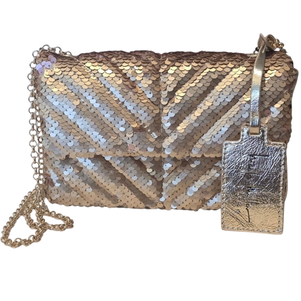 Nicole Miller Gold Sequin Chain Strap Crossbody Small Shoulder Bag‎ Pur…